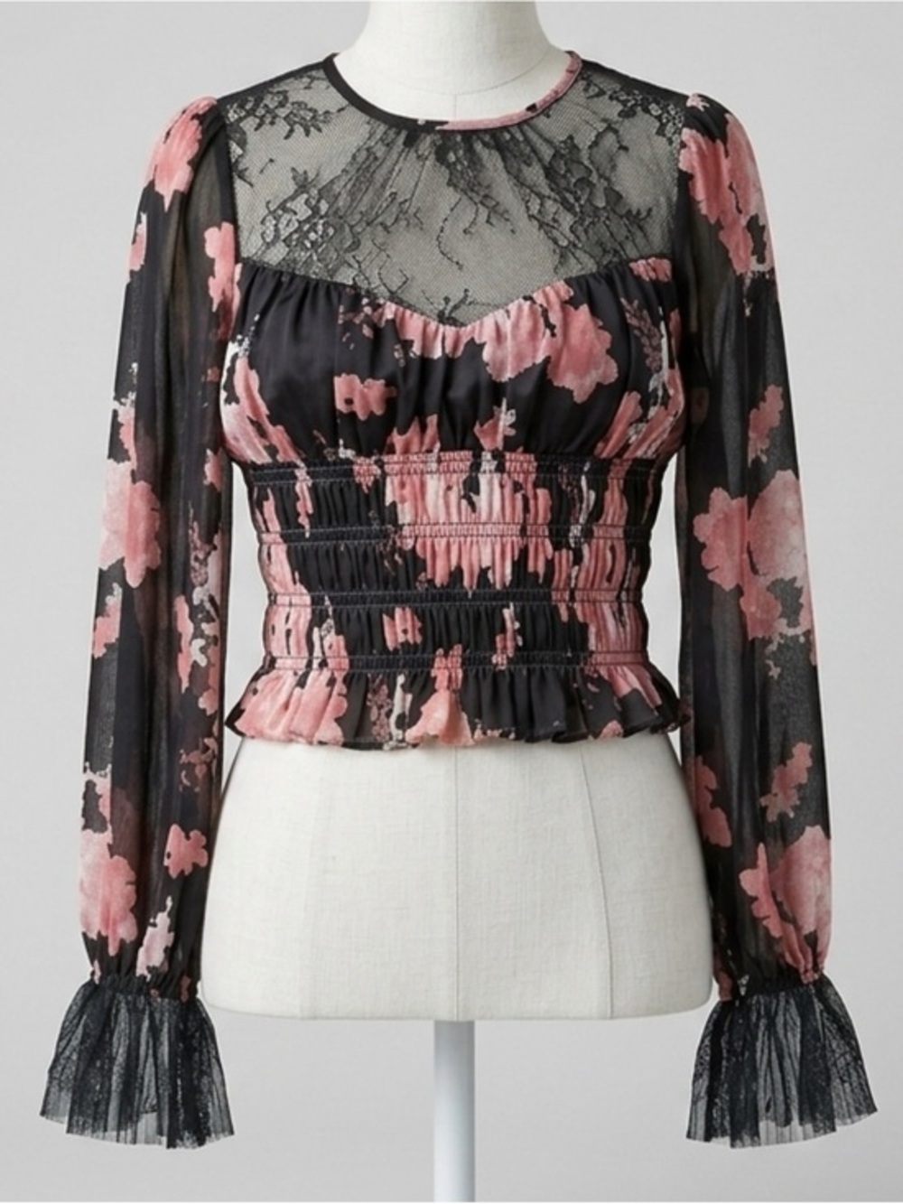 Free People Daphne Floral Ruffle Sleeve Black Pink Blouse Midnight Combo Size XL